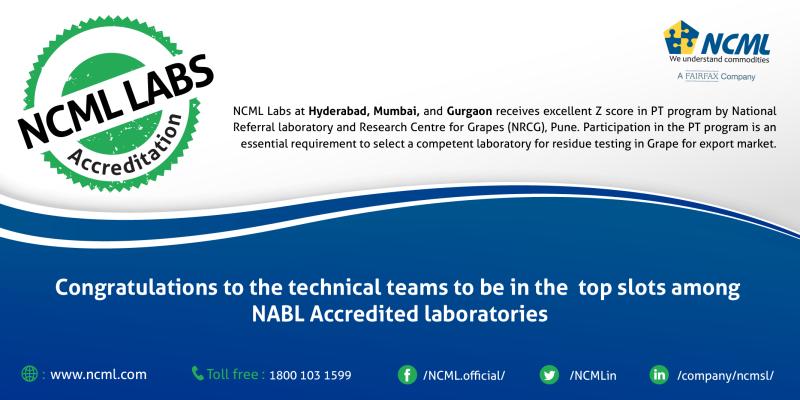 We are proud to announce that #NCMLLabs at Hyderabad, Mumbai and Gurgaon have received excellent Z-score in PT program by National Referral Laboratory and Research Centre for Grapes, (NRCG), Pune.